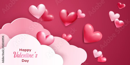 Valentine's Day illustration with voluminous hearts and paper clouds on red background