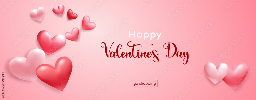 Valentine's Day illustration with red hearts and paper clouds on pink background