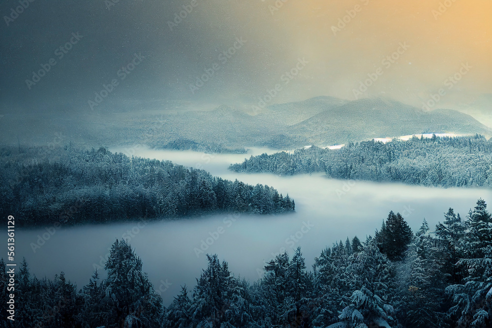 Beautiful Foggy Winter Landscape Mountains evergreen trees with snowfall at golden hour dusk or dawn blue hour Made with Generative Ai