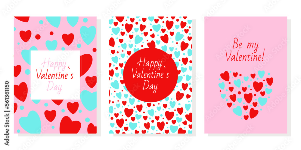 Set of 3 Valentines day cards. Trendy prints in pink colors