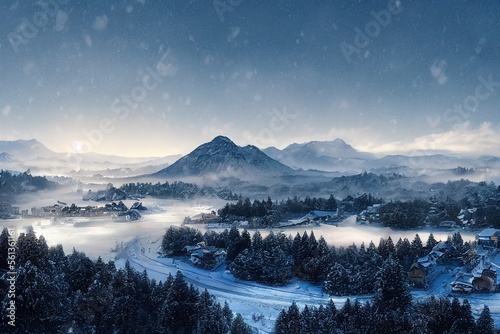 Beautiful Winter Landscape Mountains evergreen trees with snowfall at golden hour dusk or dawn Made with Generative Ai