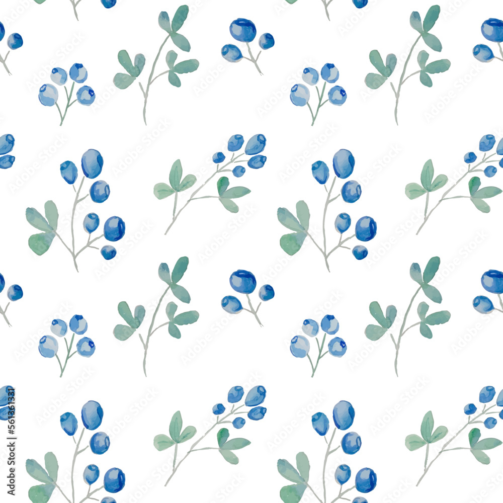 Blueberry and leaves seamless watercolor pattern