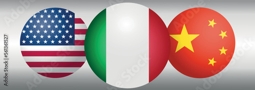 round icons with Italy flag in the center and USA America, China flags on the sides vector. concept of relations with partners