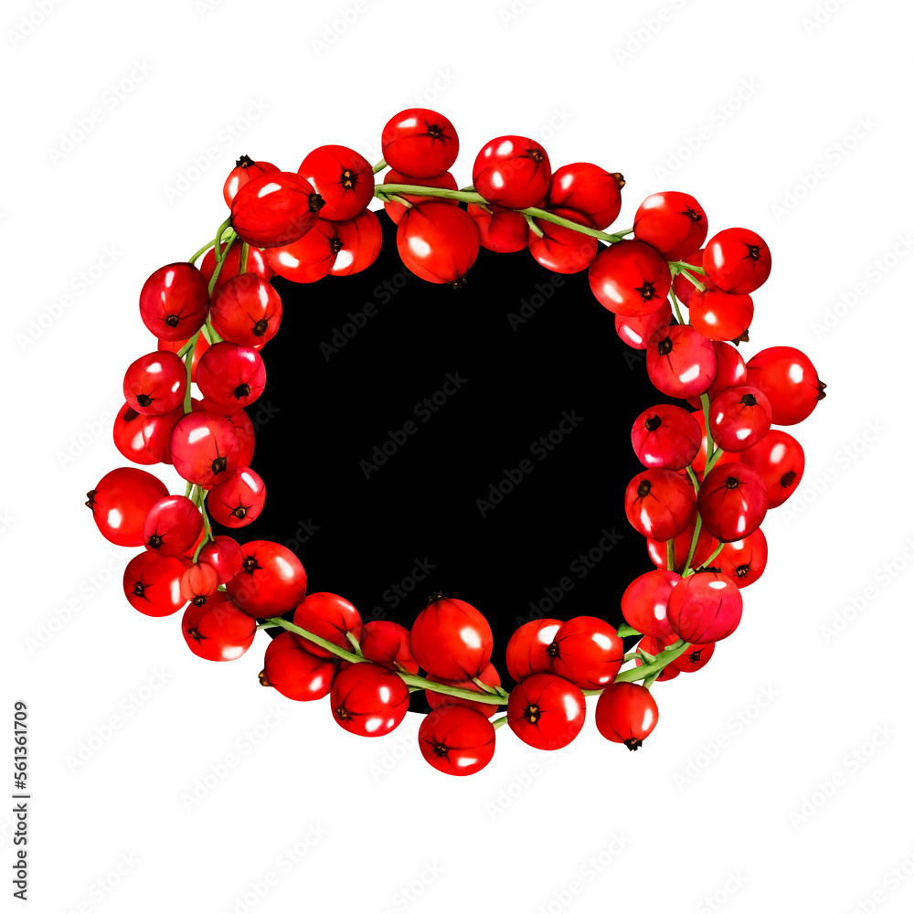 Obraz premium Watercolor frame of red ripe currant berries isolated on black background. Hand drawn botanical illustration. Clip art berry branches frame. Viva Magenta color.