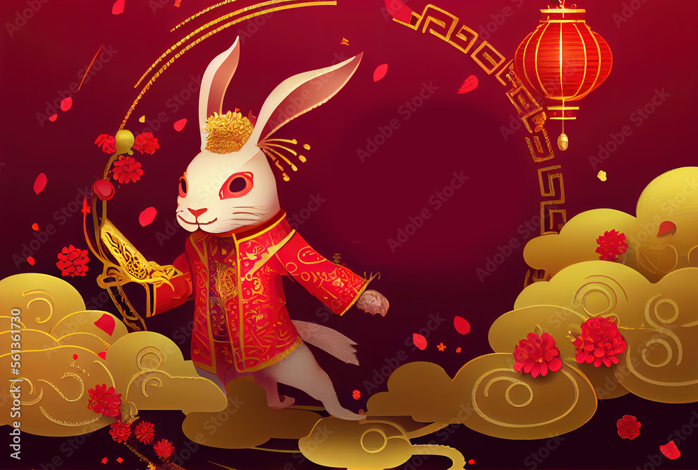 Fototapeta premium Chinese New Year of Rabbit, golden rabbit with red patterns, symbol of New 2023 Year