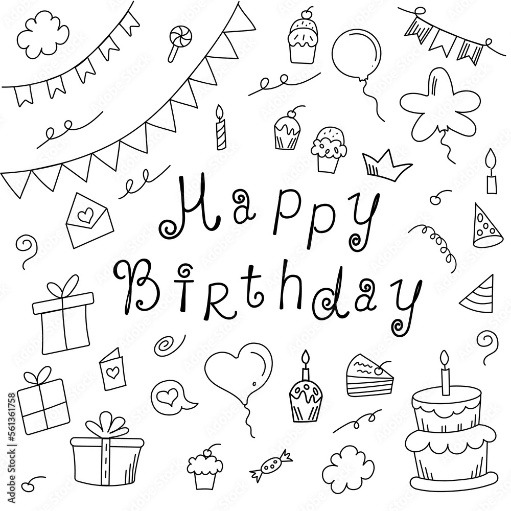 Happy Birthday cute doodle set Hand draw vector illustration Lines