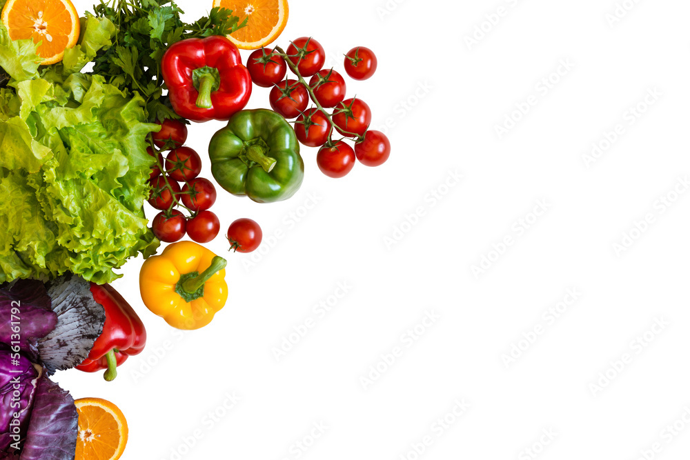 Obraz na płótnie Fresh colorful organic vegetables on a png background, farming and healthy food concept copy space flat lay w salonie