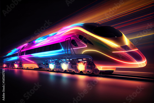 Futuristic modern train of non existent design drawed with neon lights © neirfy