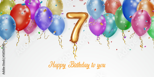 Festive birthday illustration with colored helium balloons, big number 7 golden foil balloon, flying shiny pieces of serpentine and inscription Happy Birthday on white background