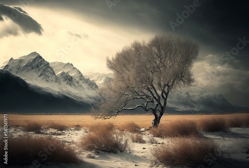 illustration, field with trees and mountains, image generated by AI photo