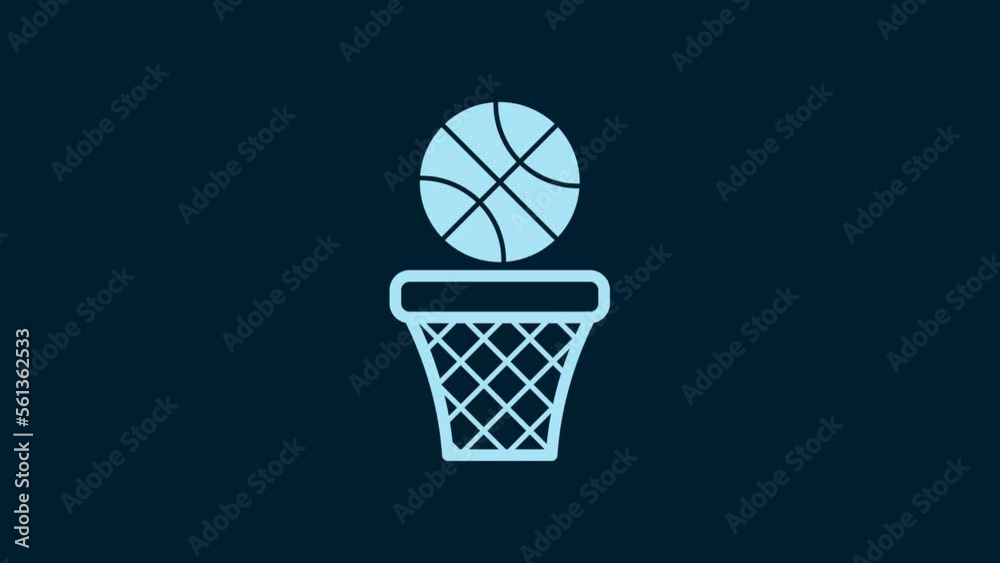 White Basketball ball and basket icon isolated on blue background. Ball in basketball hoop. 4K Video motion graphic animation White Basketball ball and basket icon isolated on blue background. Ball in basketball hoop. 4K Video motion graphic animation