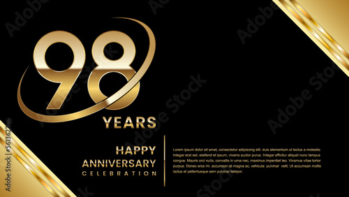 98th Anniversary Template design with gold color for anniversary celebration event, invitation, banner, poster, flyer, greeting card. Vector Template