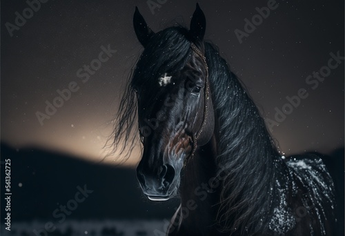 Beauty Black horse at North  portrait illustration Generative ai.