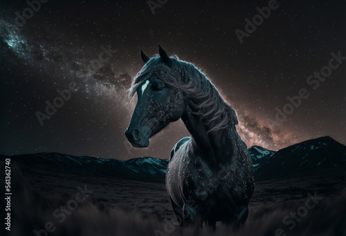 Beauty Black horse at North, portrait illustration Generative ai. © hutangach