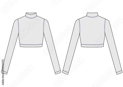 Turtle neck crop top flat illustration | Triple cover stitch seams | Crop top flat template 