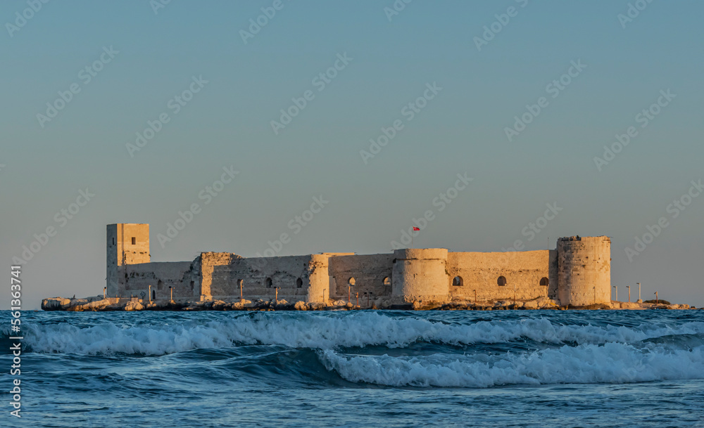 The view of the Maiden's Castle, built on an island in Mersin Erdemli. It was built in 1199 by Leon I. 