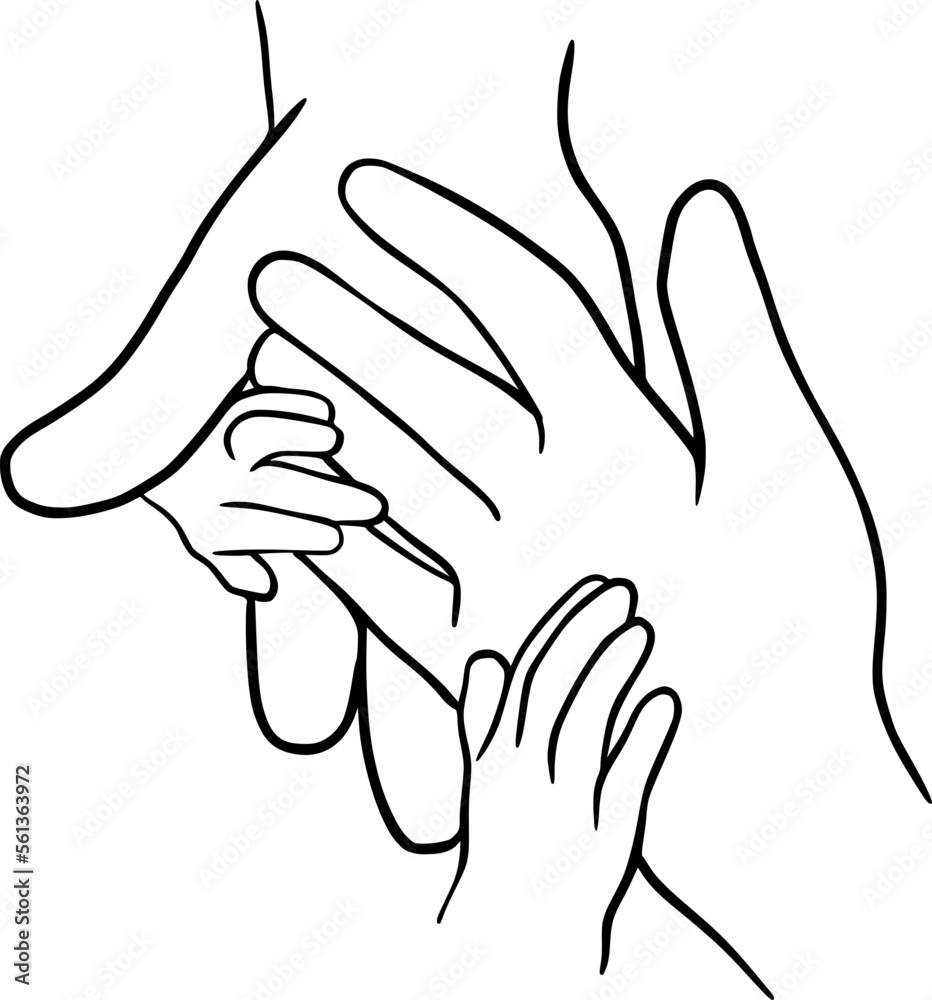 Obraz premium Line drawing holding baby hands - continuous line art, small children, holding father, mother hand, finger, holding adult hand and finger