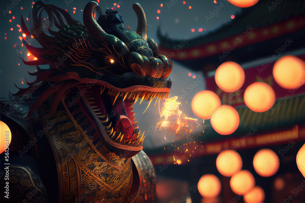 Fototapeta premium Lunar Chinese New Year Celebration Rabbit Firecrackers Lanterns Dragon Dance Background Image