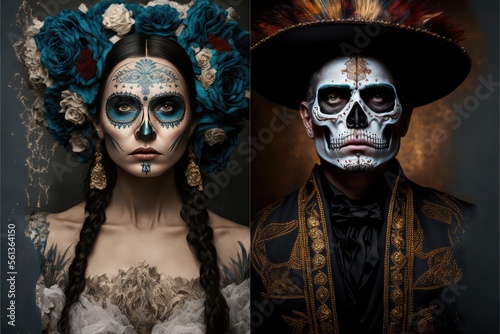 Dia de los muertos, male and female catrina: Catrina and Catrin wearing sugar skull make up. Generative AI photo