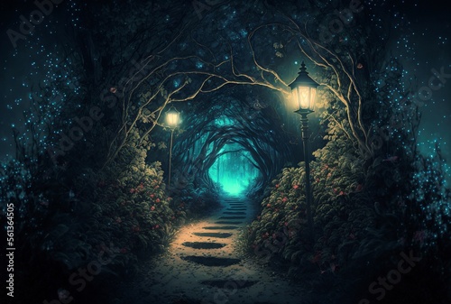 illustration  beautiful and mysterious fantasy garden  image generated by AI