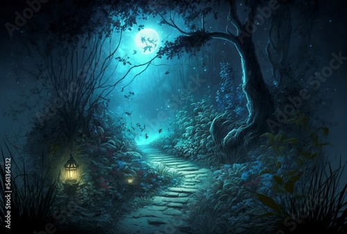 illustration, beautiful and mysterious fantasy garden, image generated by AI