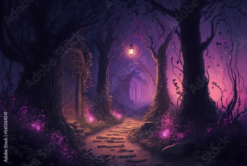 illustration, beautiful and mysterious fantasy garden, image generated by AI