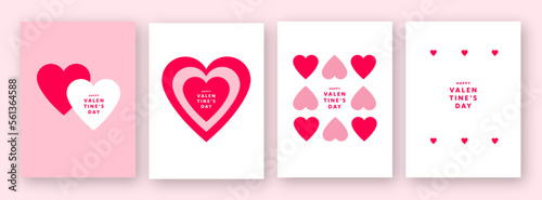 Happy Valentine's Day set of simple cards, banners or backgrounds with heart frame and pattern in modern flat style for decor, greetings, packaging, print, web, promo