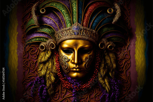 Venetian Carnival Mask, Mardi Gras, Purple Green Gold, Generative AI © Jme