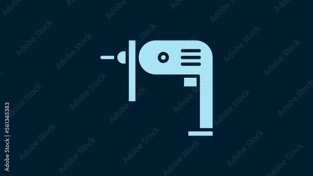 White Electric drill machine icon isolated on blue background. Repair tool. 4K Video motion graphic animation