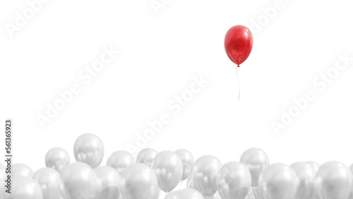 3d render of a red balloon and white on white, 3d rendering of red ballon move away from a group of white, concept of leadership. PNG transparent photo