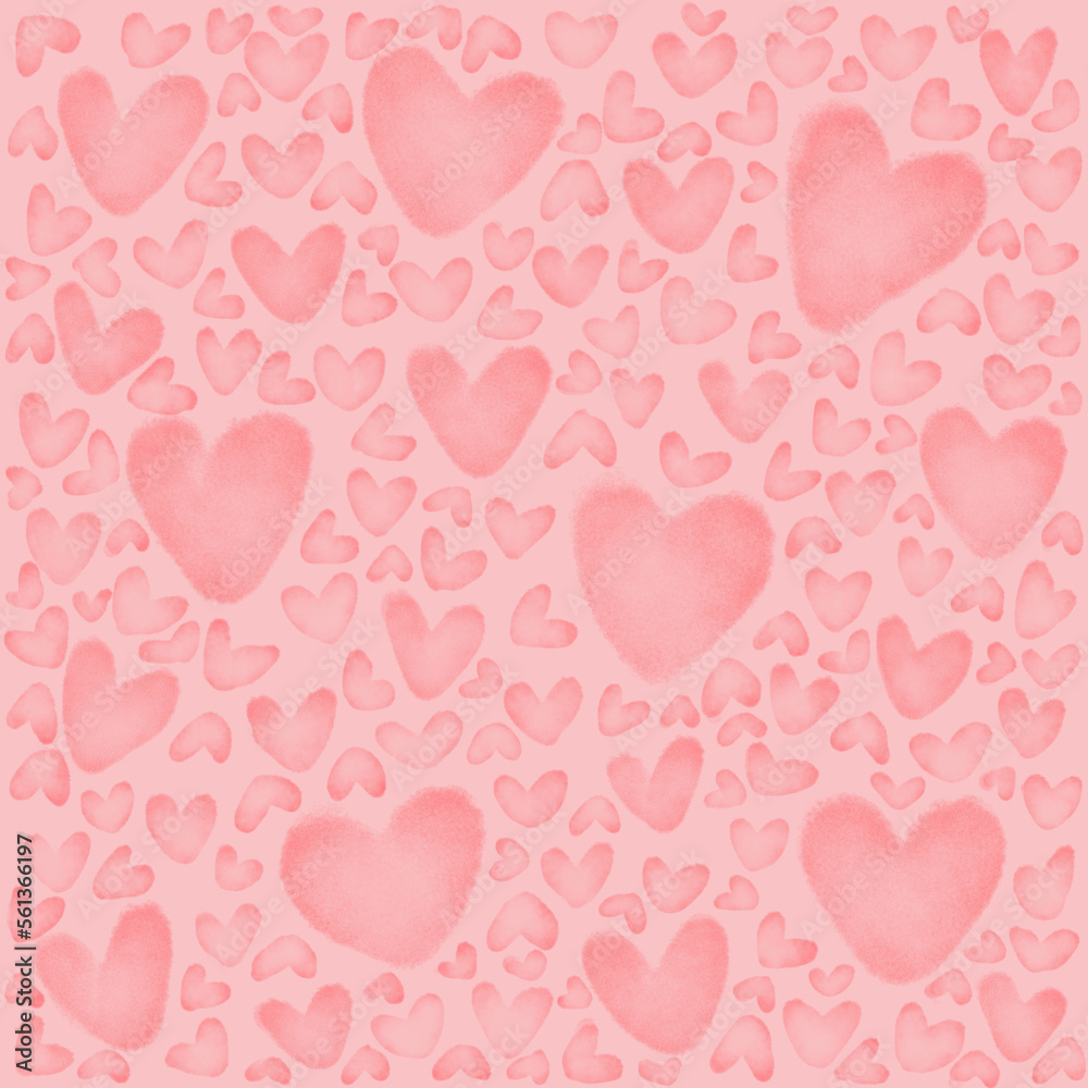 Cute sweet pink hearts as watercolor romantic seamless pattern background backdrop wallpaper, illustration of love for Valentine's Day