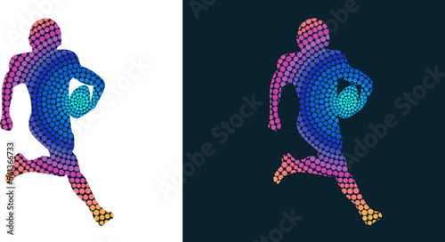 Silhouette of a American football player from colored dots. Abstract isolated vector image of a Gridiron football player.