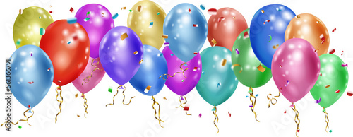 Colored helium balloons with flying shiny pieces of serpentine