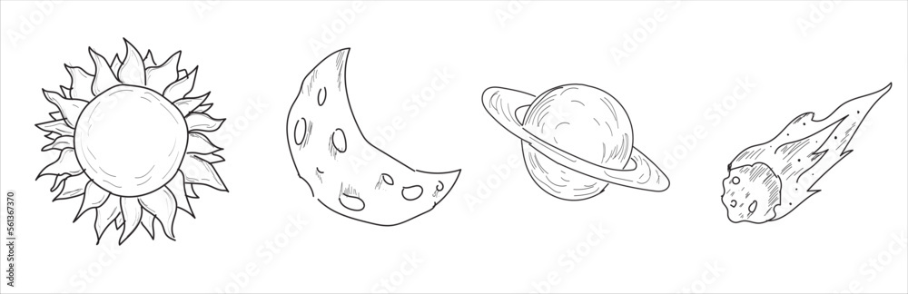 Solar system planets. Mercury, Venus, Earth, Mars, Jupiter, Saturn, Uranus and Neptune. Moon, Astronaut and spacecraft drawing. hand drawn vector	