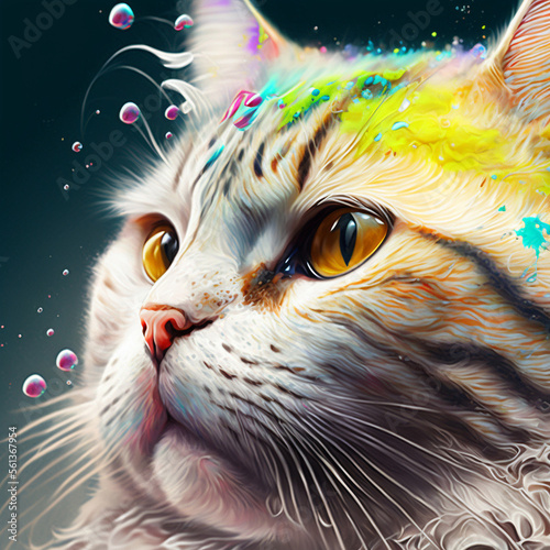Colorful paint splash cat head portrait illustration, generative ai.