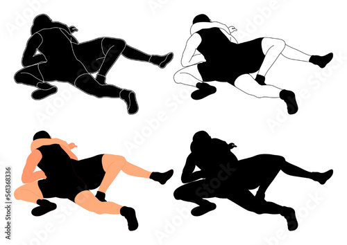 Set silhouettes athletes wrestlers in wrestling, duel, fight. Greco Roman, freestyle, classical wrestling. Martial art