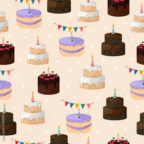 Seamless pattern with cakes on beige background.