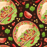 Seamless pattern with tacos. Texture with traditional mexican food. Great for wallpapers, menu decor, restaurants