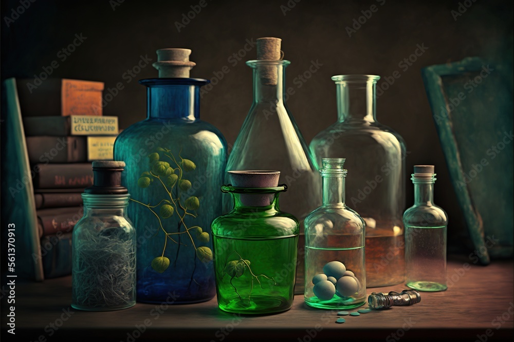  a collection of glass bottles and bottles with a green plant in them on a table with books and a key on it, and a bookcase in the background, and a dark background.