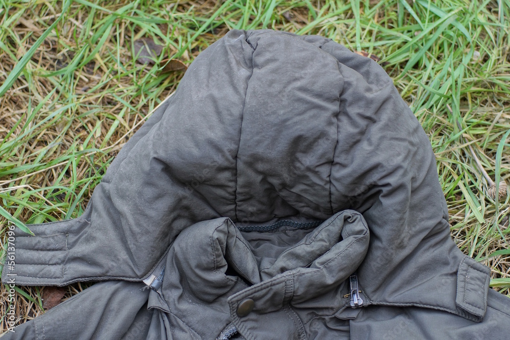 one gray fabric hood from a winter jacket lies on the green grass on the street