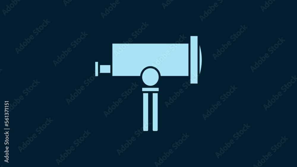 White Telescope icon isolated on blue background. Scientific tool. Education and astronomy element, spyglass and study stars. 4K Video motion graphic animation