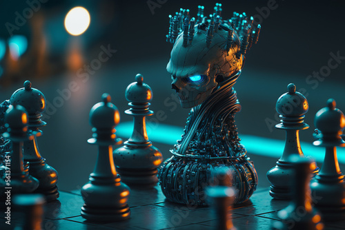 Billede på lærred cyberpunk chess, a dead king on a chessboard, created by a neural network, Gener