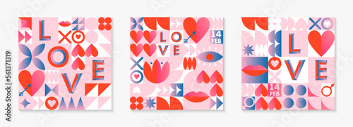 Valentines Day pattern templates.Romantic vector wallpapers in bauhaus style with geometric elements and symbols.Modern trendy designs for prints,banners,fabric,invitations,branding,covers.