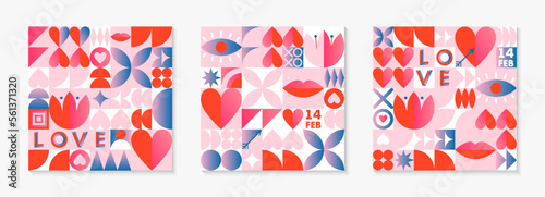 Valentines Day pattern templates.Romantic vector wallpapers in bauhaus style with geometric elements and symbols.Modern trendy designs for prints,banners,fabric,invitations,branding,covers.