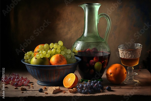  a painting of a bowl of grapes, a pitcher of wine, a bowl of fruit, and a glass of wine on a table with a corkscrewch and grapes on it.