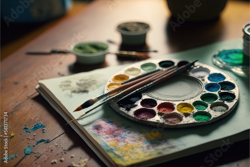 a book with a paint palette and a brush on it next to a cup of water and a pair of scissors on a table with other paint and a brush on it, and a.