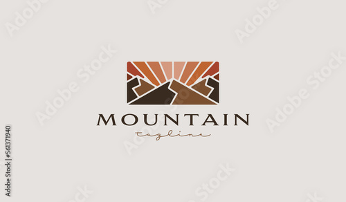 Mountain and Sun Rays, Mount Peak Hill Nature Landscape view for Adventure Outdoor logo template