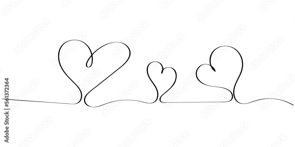 Three heart shapes is drawn with a continuous line. Love and family concept. Minimalistic illustration