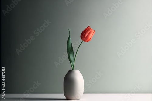  a white vase with a single red flower in it on a table with a gray background and a green leafy stem in the vase on the side of the vase is a light gray.