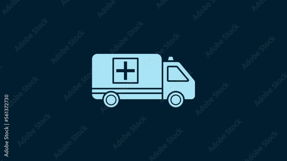 White Ambulance and emergency car icon isolated on blue background. Ambulance vehicle medical evacuation. 4K Video motion graphic animation White Ambulance and emergency car icon isolated on blue background. Ambulance vehicle medical evacuation. 4K Video motion graphic animation
